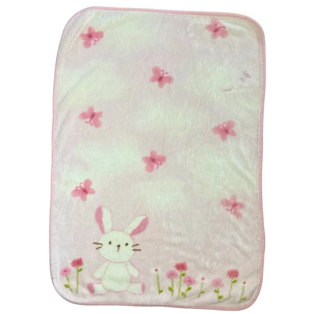 Carters Pink Bunny Baby Blanket Plush Fleece Rabbit Flowers Butterfly *READ*
